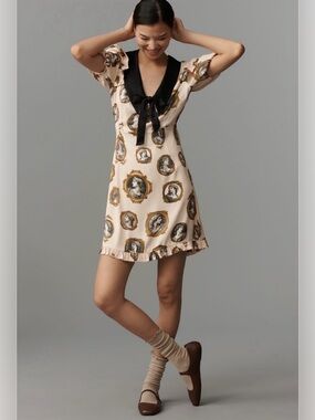 Maeve Satin Portrait Front-Tie Mini Dress (Size XS)